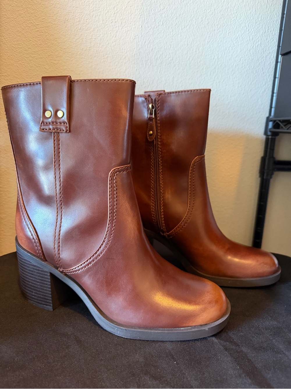 INC International Concepts Chestnut Brown Leather Mid-Calf Block Heel Boots